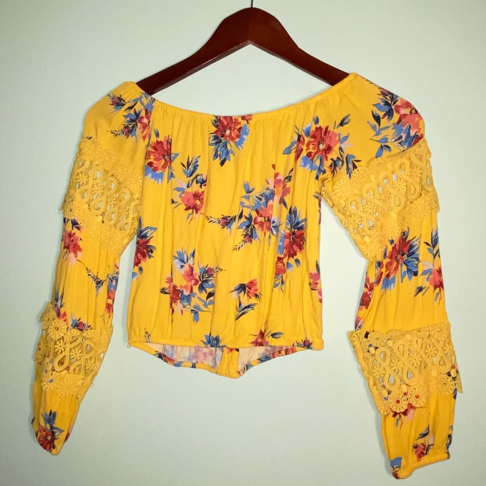 Floral cropped long sleeve off the shoulder